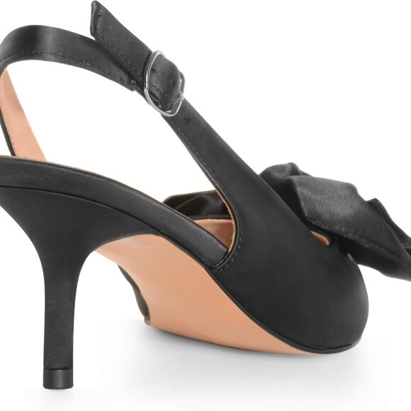 Women’s Satin Kitten Heels Leather Inner Bow Slingback Pointed Toe - Picture 3 of 6